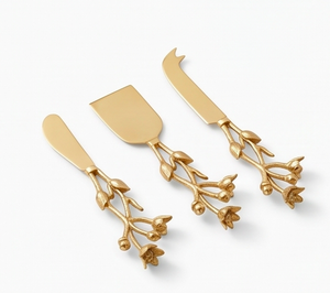 Golden <b>Cheese</b> <b>Knife</b> <b>Set</b> With Floral Handle Design Stainless Steel Blades Dishwasher Safe Durable Serving Tools For Kitchen Use - Product Image 1