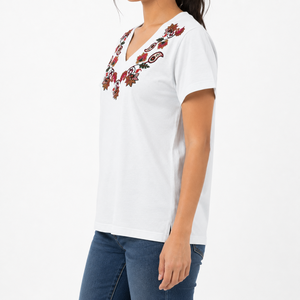 Women's 100 Cotton V Neck Paisley Print T-Shirt Short Sleeve Casual OEM ODM Manufacturer - Product Image 2