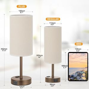 Lampada da Tavolo Beige Dimmerabile a 3 Modalità con Porta USB A+C e Presa AC, Base in Metallo Marrone Medio da 17,4 Pollici - Product Image 3