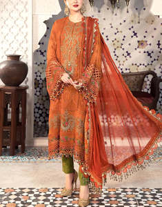 Vestido Largo Tradicional de Gasa Naranja Bordado para Mujer con Dupatta, Atuendo para Invitadas de Boda, Estilo Pakistaní e Indio - Product Image 2