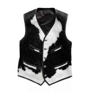 Gilet en cuir véritable et toile, couleur personnalisée unique, finition en fourrure, col rond, fermeture boutonnée, quatre poches, vêtement d'extérieur - Product Image 1