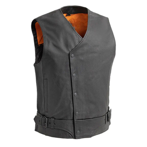 Gilet sans manches en cuir véritable pour homme, col en V, fermeture boutonnée, couleur unie, style motard, vêtement d'extérieur d'automne, coupe classique - Product Image 1