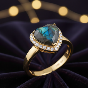 Anillo de Labradorita Natural con Corte de Corazón y Circonitas, Plata de Ley 925, Chapado en Oro de 18K, Anillo de Diseño para Mujer, Talla 6 de EE. UU. - Product Image 1