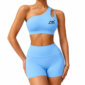 Sky Blue 2 Piece Yoga <b>Set</b> One Shoulder <b>Sports</b> Bra & High Waist Biker Shorts Stretch Fitness Activewear <b>Set</b> - Product Image 1