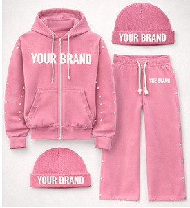 Custom Logo Winter <b>Oversized</b> Hoodie Sweatpants Beanie Streetwear Tracksuit 100% Cotton Fleece 420g Breathable Rhinestone <b>Jogger</b> - Product Image 5