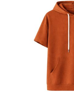 Haut à capuche décontracté pour homme, manches courtes, orange rouille, style pull, léger, streetwear d'été, en mélange de coton, avec poches - Product Image 4