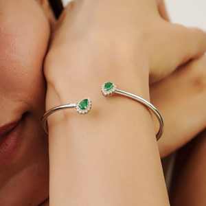 Wholesale Price 925 Sterling <b>Silver</b> Pear Cut 100% Genuine Emerald & Diamond Open <b>Cuff</b> Bangle For Women's - Product Image 4
