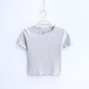 T-shirt court côtelé pour femme à manches courtes, col à volants, couleur unie, tricoté, décontracté, coupe ajustée - Product Image 3