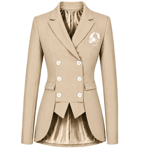 Blazer beige sur mesure pour femme, double boutonnage, coupe ajustée, manches longues, veste de costume formelle pour le bureau, uniforme professionnel avec logo - Product Image 1