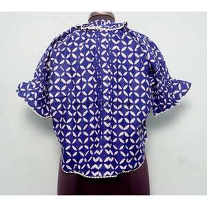 Túnica Moderna con Estampado Floral, 100% Algodón Lavable, Estilo Casual Femenino, Cuello Mandarín con Volantes, Manga Media, Mini - Product Image 6