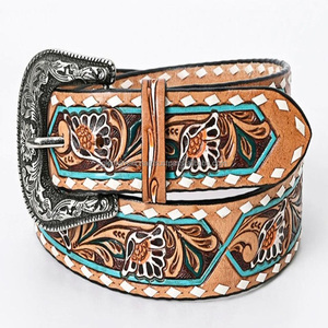 Cinturón de cuero occidental unisex de grano completo con diseño trenzado y tallado a mano de lujo, con elegante juego de hebillas de latón. - Product Image 1