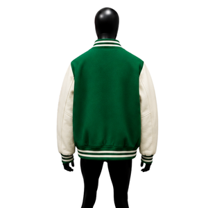 Veste universitaire en laine verte personnalisée avec manches contrastées blanches, veste de baseball classique pour hommes et femmes, vente en gros pour les universités - Product Image 2