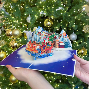 Tarjeta de felicitación navideña 3D emergente con trineo de Papá Noel y escena de pueblo nevado, impresión digital en papel, tarjeta festiva con laminación brillante - Product Image 1
