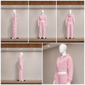 Ensemble sweat-shirt court à capuche rose pour femme, en molleton 100% coton, avec fermeture éclair, manches longues, pantalon long, couleur unie, brodé, coupe classique - Product Image 6
