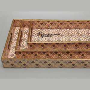 Geometrical Enamel Serving Tray Set of 3 MDF Wooden Decorative Tray Set Brown & Gold <b>Pattern</b> Serving Trays - Product Image 2