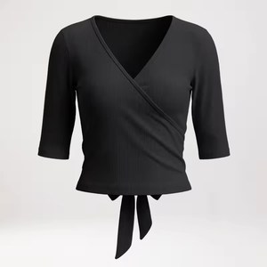 Camiseta de mujer con cuello en V acanalado, manga corta, ajuste ceñido, estilo cruzado, para yoga y baile - Product Image 6