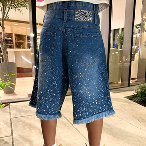 Shorts en jean cargo pour homme, style streetwear personnalisé, à franges et strass, double taille, longueur genou - Product Image 5