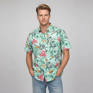 Chemises Hawaïennes Personnalisées en Gros pour Hommes 100% Coton Impression Numérique Style Décontracté Anti-Plis Motif Floral Flanelle Courte - Product Image 1