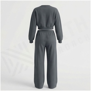 Ensemble de survêtement gris 2 pièces pour femme : sweat-shirt à col rond et pantalon de jogging à cordon de serrage, coupe décontractée, couleur unie, longueur intégrale, idéal pour l'automne - Product Image 2