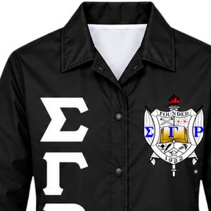 Black White Greek Letter Embroidered Coach <b>Jacket</b> Custom Crest Logo Button Up Windbreaker with White Applique Design Ribbed Cuff - Product Image 6