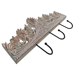 Smart Art Wood Carving Key <b>Rack</b> Organizer White Washed Handmade <b>Wall</b> Mounted Key Hanger Clothing Storage 3 <b>Hook</b> Engineered Wood - Product Image 3