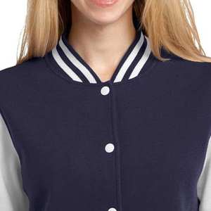 <b>Women's</b> Navy Blue Varsity <b>Jacket</b> With <b>White</b> Sleeves Full Length Button Up Collar Solid Color Contrast Design Autumn Wear - Product Image 4