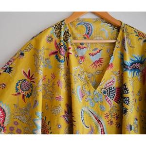 Lightweight Cotton Kaftan Robe Hand Block Printed Floral Design Bathrobe Natural Waistline Casual Dressing Swimsuit Cover Ups - Product Image 4
