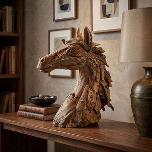 Handcrafted <b>wooden</b> horse head sculpture rocky <b>rustic</b> teak driftwood animal bust statue table floor accent decoration spaces unit - Product Image 5