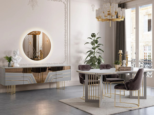 Ensemble de salle à manger moderne de luxe en teck massif, table rectangulaire dorée avec 6 chaises, mobilier contemporain pour villa, maison, cuisine - Product Image 3