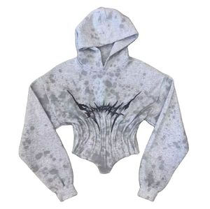 Sudadera con Capucha Gris Tie Dye para Mujer con Estampado Gráfico Negro en la Parte Delantera, Manga Larga, Mezcla de Algodón Tejido, Ropa de Otoño - Product Image 3