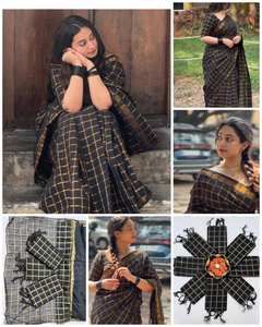 Tela Ligera con Diseño a Cuadros Negro y Dorado, Estilo Étnico Indio, Tejido a Mano, Protección Solar para el Verano, Antiarrugas - Product Image 4