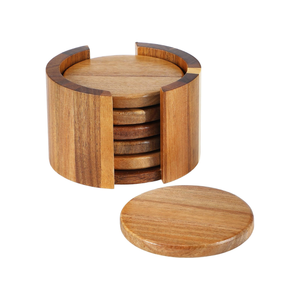 ชุดจานรองแก้วไม้กระถินเทศ 7 ชิ้น พร้อมที่วาง ดีไซน์เรียบง่าย จานรองแก้วทรงกลมสำหรับโต๊ะกาแฟ จากเวียดนาม - Product Image 1