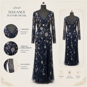 Vestido de Noche Largo de Lujo para Mujer, Color Azul Marino, Bordado, Elegante, Cuello en V, Manga Larga, Diseño Premium, para Fiestas y Bodas - Product Image 5