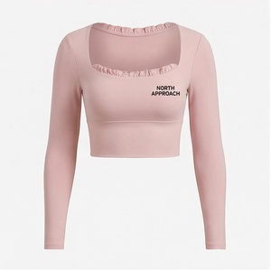 North Approach <b>Pink</b> Square Neck Long Sleeve <b>Crop</b> <b>Top</b> With Ruffles Front Logo Yoga Wear - Product Image 1