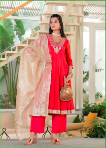 Red Sindoori Mirror Work Anarkali Set With <b>Tissue</b> Dupatta - Product Image 5