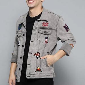 Veste en jean vintage pour homme, 100 % coton, style patchwork, boutons dissimulés sur le devant, motifs imprimés personnalisés, OEM - Product Image 1