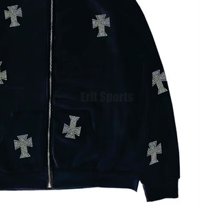 Custom Color Winter Hooded Casual Solid Streetwear Men's Fashion Rhinestone Tracksuit Breathable Lightweight Drawstring Closure - Product Image 6