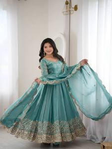 <b>Teal</b> Embroidered Silk Anarkali <b>Suit</b> With Dupatta Traditional Indian Pakistani <b>Women's</b> Floor-Length Wedding Dress Loose Fit - Product Image 3