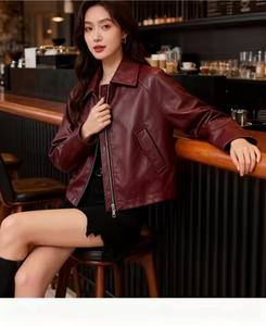 Veste matelassée coupe-vent unisexe à col mandarin et fermeture éclair en toile, couleur unie, en véritable peau de mouton, pour femme - Product Image 5