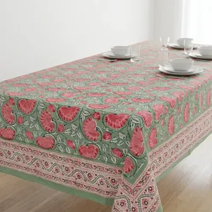 Mantel con estampado floral verde y flores rosas, con borde ornamental en tela verde salvia, diseño estampado a mano. - Product Image 4