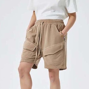 Shorts en coton molletonné vintage pour hommes, coupe brute, style délavé, pour l'été, avec cordon de serrage, pour femmes, coupe jogger - Product Image 3