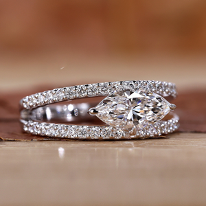 Marquise Cut Lab Grown Diamond Engagement <b>Ring</b> <b>Set</b> 14K White <b>Gold</b> Double Band Pave Bridal <b>Ring</b> For Women - Product Image 4