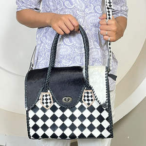 Bolso Tote de Cuero Vacuno Genuino, Nuevo, a Cuadros Blanco y Negro, Elegante, Vintage, de Lujo, Bolso de Mano y Bandolera para Mujer - Product Image 4