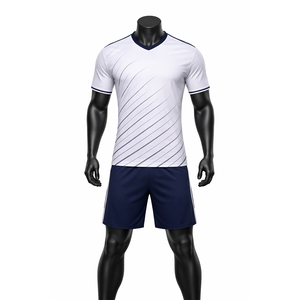 Ensemble de maillot de football pour homme, col en V, manches courtes, blanc, avec short rayé marine, tissu polyester respirant, toutes saisons, UPF 50+ - Product Image 1