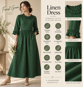 Vestido Midi de Lino/Algodón Tejido Verde Bosque para Mujer, Corte A, Manga Larga con Volantes, Ajuste Holgado para Uso Diario - Product Image 2
