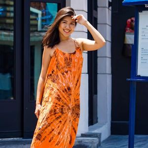 Women’s Orange Tie Dye Rayon Maxi Dress Sleeveless <b>Spaghetti</b> <b>Strap</b> Neck Bohemian Flowy Long Beachwear Dress - Product Image 1