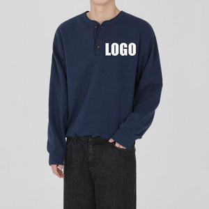 <b>Men's</b> Navy Blue <b>Henley</b> Collar Sweatshirt Regular Fit Long Sleeve Casual Knitted Pullover Solid Color Breathable Cotton <b>Top</b> - Product Image 2