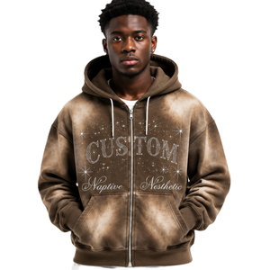 Sweat à capuche marron personnalisé avec fermeture éclair, motif graphique tendance en strass, coupe oversize pour homme, détails scintillants, fabricant OEM - Product Image 1