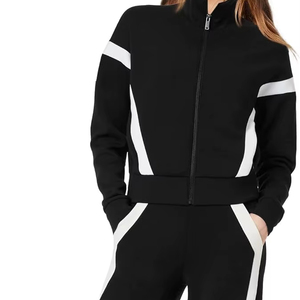 Ensemble de survêtement sportif pour femme, noir et blanc, à blocs de couleur, avec fermeture éclair, col montant, manches longues, poches latérales, pour l'automne - Product Image 4