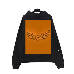 Sudadera con Capucha Negra para Hombre, Logotipo de Alas en Relieve, Detalle de Pedrería, Estilo Casual Holgado para Otoño - Product Image 5